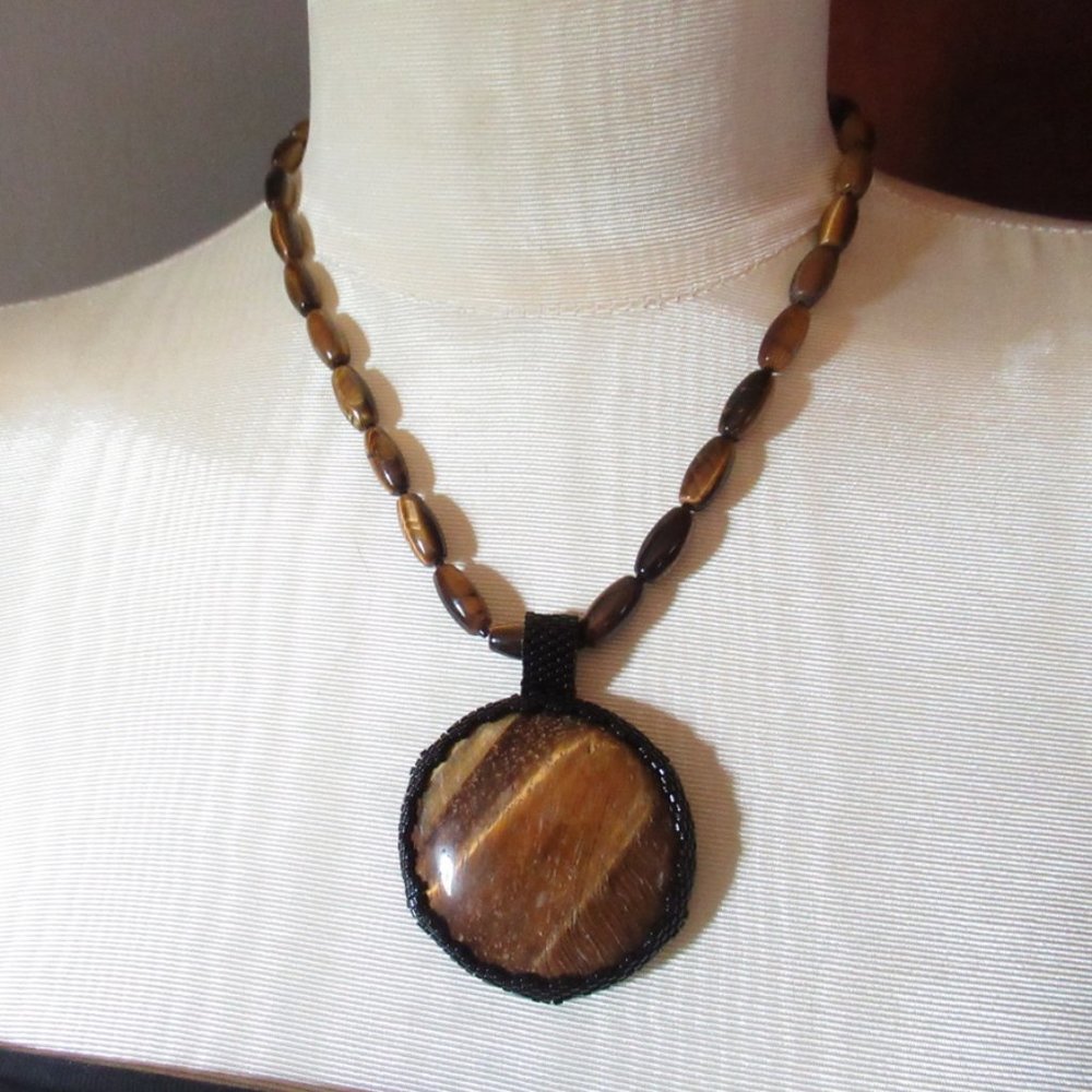 Tiger's Eye necklace with stitched focal pendant